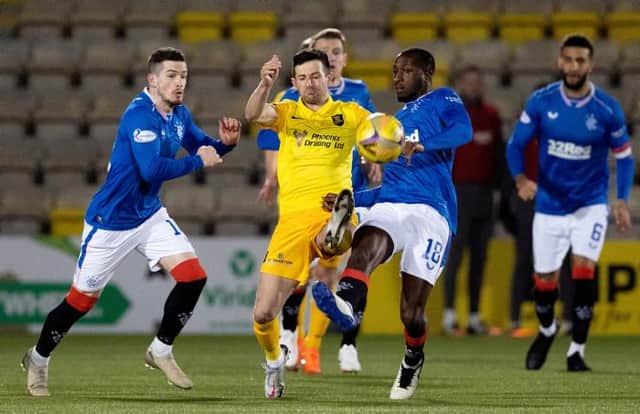 Livingston midfielder Jason Holt battles for possession with Ryan Kent (left) and Glen Kamara during Rangers' 1-0 win at the Tony Macaroni Arena on Wednesday. (Photo by Alan Harvey / SNS Group)