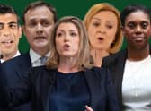 The candidates in the Tory leadership race, from left: Rishi Sunak, Tom Tugendhat, Penny Mordaunt, Liz Truss, Kemi Badenoch. Picture: PA/Getty Images
