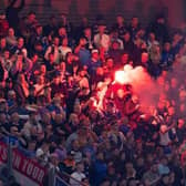 LEIPZIG, GERMANY - APRIL 28 : Rangers fans let off pyro-technics during a UEFA Europa League Semi-Final match between RB Leipzig and Rangers at the Red Bull Arena, on April 28, 2022, in Leipzig, Germany.  (Photo by Alan Harvey / SNS Group)