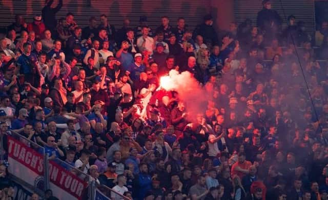 LEIPZIG, GERMANY - APRIL 28 : Rangers fans let off pyro-technics during a UEFA Europa League Semi-Final match between RB Leipzig and Rangers at the Red Bull Arena, on April 28, 2022, in Leipzig, Germany.  (Photo by Alan Harvey / SNS Group)