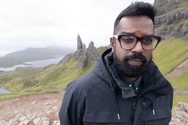Romesh Ranganathan tries not to step on anything untoward like a Scottish cliche in his Christmas Misadventures in the Outer Hebrides
