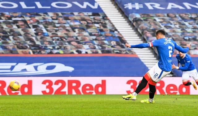 Rangers captain James Tavernier suffered his second successive failure from the penalty spot when this attempt was saved by Ross County goalkeeper Ross Laidlaw at Ibrox.(Photo by Rob Casey / SNS Group)