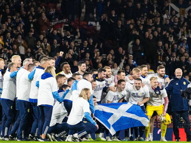 The Scotland squad celebrate qualifying for Euro 2024 after full-time against Norway on Sunday night (Photo by Alan Harvey / SNS Group)