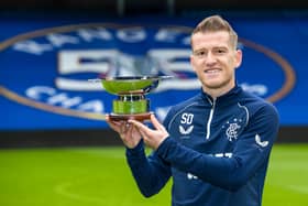 Rangers midfielder Steven Davis with his Scottish Football Writers Award for the 2020-21 season. (Photo by Kirk O'Rourke).