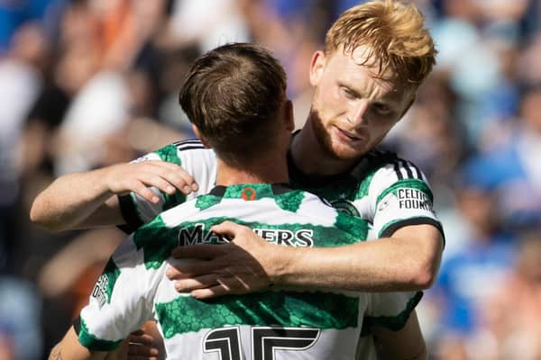 Celtic defender Liam Scales Hughes Odin Thiago Holm after the Irishman's stunning performance in the club's odd-defying win over Rangers at Ibrox. (Photo by Alan Harvey / SNS Group)