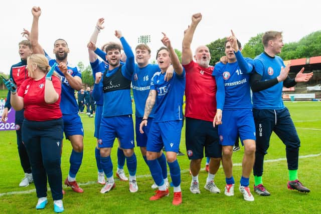 Spartans begin the partying after confirming their place in League Two after their 2-1 aggregate Pyramid play-off victory over Albion Rovers  (Photo by Sammy Turner / SNS Group)