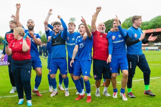 Spartans begin the partying after confirming their place in League Two after their 2-1 aggregate Pyramid play-off victory over Albion Rovers (Photo by Sammy Turner / SNS Group)