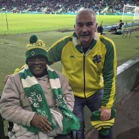 HC-One Scotland’s Redmill Care Home resident Mark Tarimo with Joe Mackin from The Kano Foundation at the Celtic Park football stadium