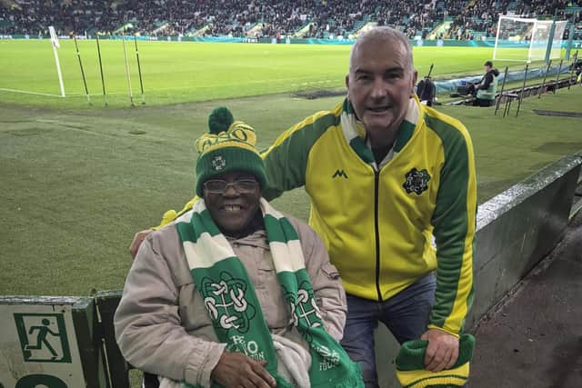 HC-One Scotland’s Redmill Care Home resident Mark Tarimo with Joe Mackin from The Kano Foundation at the Celtic Park football stadium