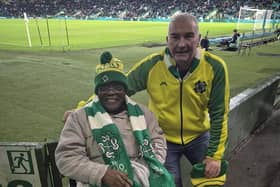 HC-One Scotland’s Redmill Care Home resident Mark Tarimo with Joe Mackin from The Kano Foundation at the Celtic Park football stadium