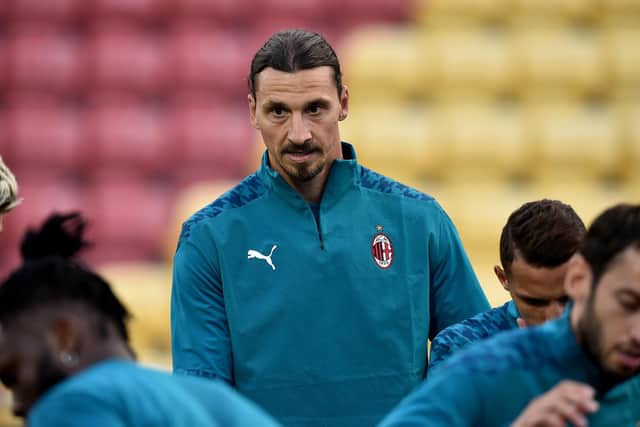 Zlatan Ibrahimovic warms up for the UEFA Europa League second qualifying round match between Shamrock Rovers and AC Milan at Tallaght Stadium on September 17, 2020. A few days later the striker would test positive for coronavirus. (Photo by Charles McQuillan/Getty Images)