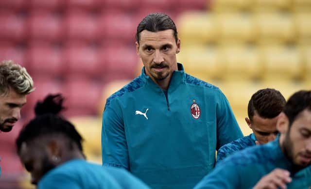 Zlatan Ibrahimovic warms up for the  UEFA Europa League second qualifying round match between Shamrock Rovers and AC Milan at Tallaght Stadium on September 17, 2020. A few days later the striker would test positive for coronavirus. (Photo by Charles McQuillan/Getty Images)