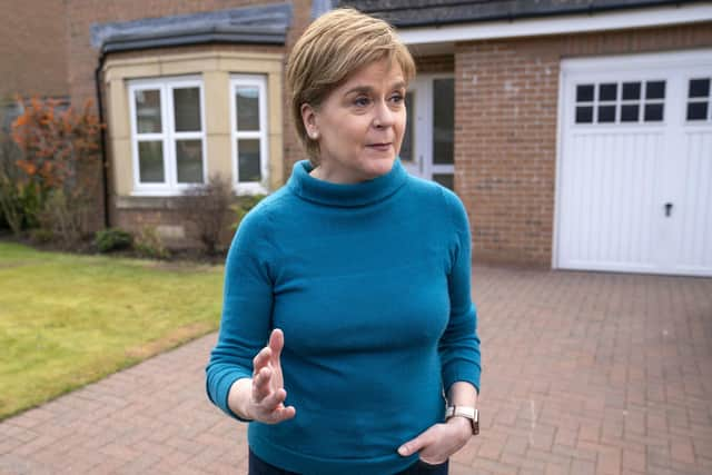 Former leader of the SNP Nicola Sturgeon speaking to the media outside her home in Uddingston, Glasgow. Picture: Jane Barlow/PA Wire