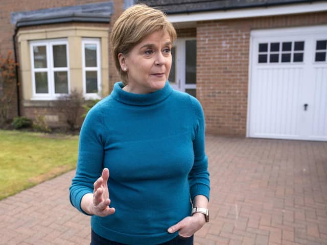 Former leader of the SNP Nicola Sturgeon speaking to the media outside her home in Uddingston, Glasgow. Picture: Jane Barlow/PA Wire