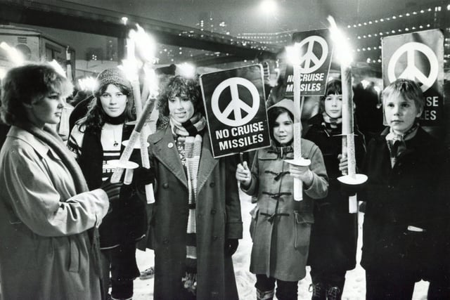Women take part in an anti-nuclear demonstation on Shude Hill car park, Sheffield, on December 18, 1981