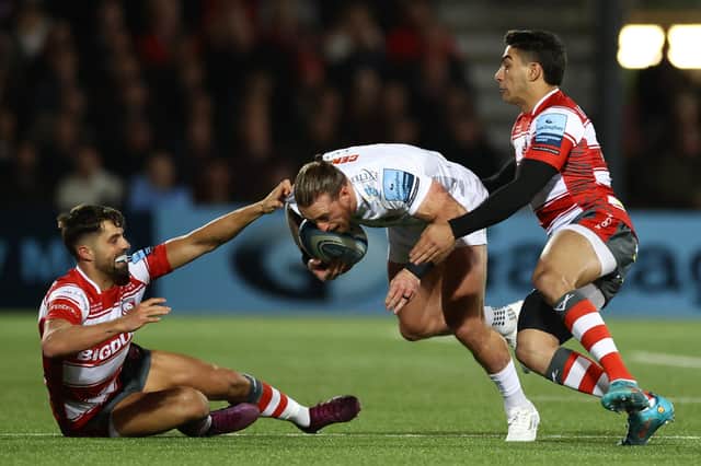 Stuart Hogg of Exeter is tackled by Adam Hastings of Gloucester as the two Scots clashed ahead of international duty next week.
