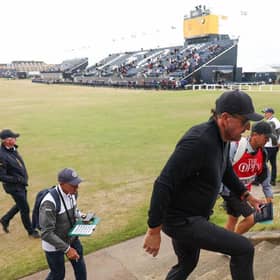 Phil Mickelson leaves the 18th  hole after finishing his opening round in the 150th Open at St Andrews. Picture: Harry How/Getty Images.
