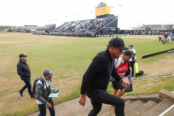 Phil Mickelson leaves the 18th  hole after finishing his opening round in the 150th Open at St Andrews. Picture: Harry How/Getty Images.
