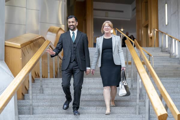 Humza Yousaf with Shona Robison after being voted in as the new First Minister (Picture: Jane Barlow/PA Wire)