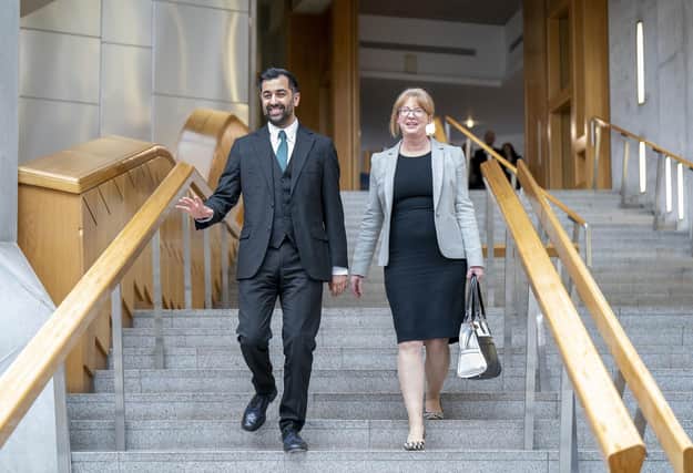Humza Yousaf with Shona Robison after being voted in as the new First Minister (Picture: Jane Barlow/PA Wire)