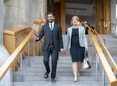 Humza Yousaf with Shona Robison after being voted in as the new First Minister (Picture: Jane Barlow/PA Wire)