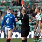 Willie Collum shows a red card to Rangers midfielder John Lundstram. (Photo by Alan Harvey / SNS Group)