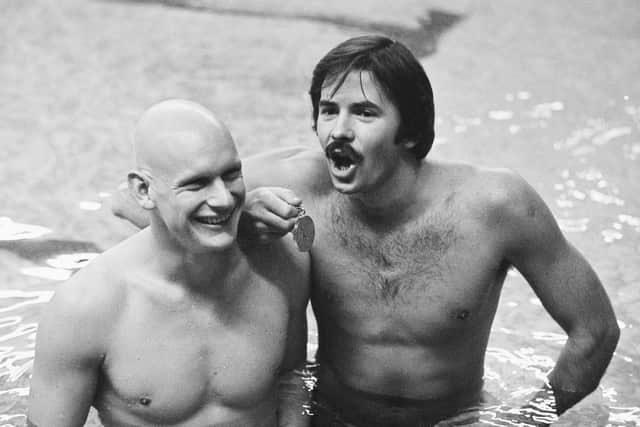 David Wilkie with fellow swimmer Duncan Goodhew in 1980. Picture: Fresco/Evening Standard/Hulton Archive/Getty Images