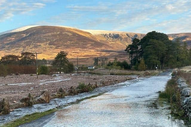 Major flooding on Rottal Estate during storm Babet caused the burn to break and start running down one of the roads on the estate (pic: Dee Ward)