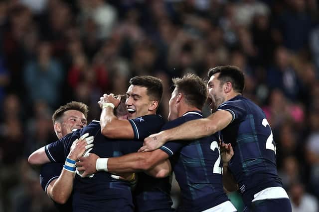 Scotland players celebrate after scoring a try against Romania (Picture: Franck Fife/AFP via Getty Images)