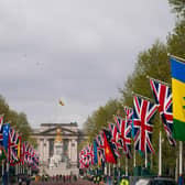 Flags hang along the length of the Mall as preparations continue for The Coronation on May 05, 2023 in London.