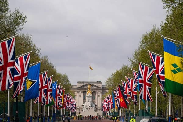 Flags hang along the length of the Mall as preparations continue for The Coronation on May 05, 2023 in London.
