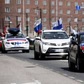A pro-Russian convoy drives with flags on their cars through Helsinki, Finland, on May 8, ahead of Victory Day on May 9 in Russia, which commemorates the Soviet Union's defeat of Nazi Germany in World War Two. Picture: Lehtikuva/AFP via Getty Images
