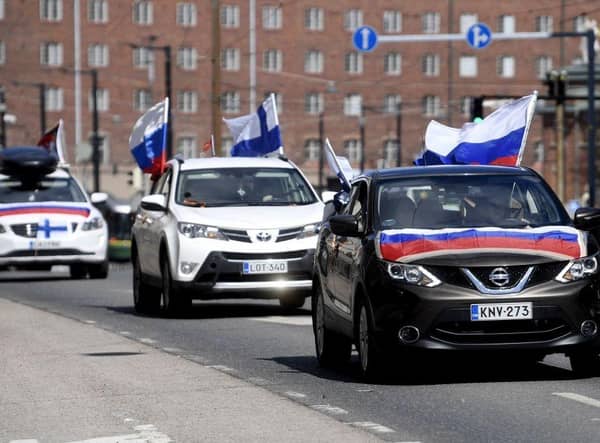 A pro-Russian convoy drives with flags on their cars through Helsinki, Finland, on May 8, ahead of Victory Day on May 9 in Russia, which commemorates the Soviet Union's defeat of Nazi Germany in World War Two. Picture: Lehtikuva/AFP via Getty Images