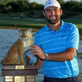 Scottie Scheffler poses with the Hero World Challenge Trophy after his win at Albany Golf Course in Nassau. Picture: TGR Live.