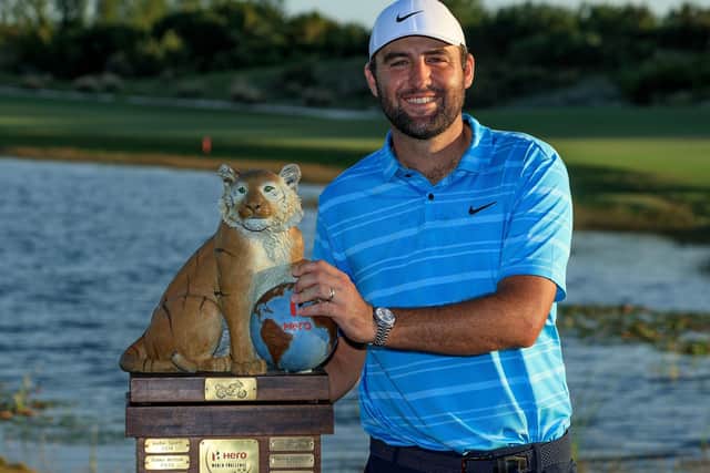 Scottie Scheffler poses with the Hero World Challenge Trophy after his win at Albany Golf Course in Nassau. Picture: TGR Live.