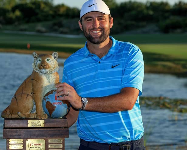 Scottie Scheffler poses with the Hero World Challenge Trophy after his win at Albany Golf Course in Nassau. Picture: TGR Live.
