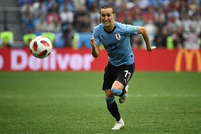 Uruguay's defender Diego Laxalt goes for the ball during the Russia 2018 World Cup quarter-final defeat by France.