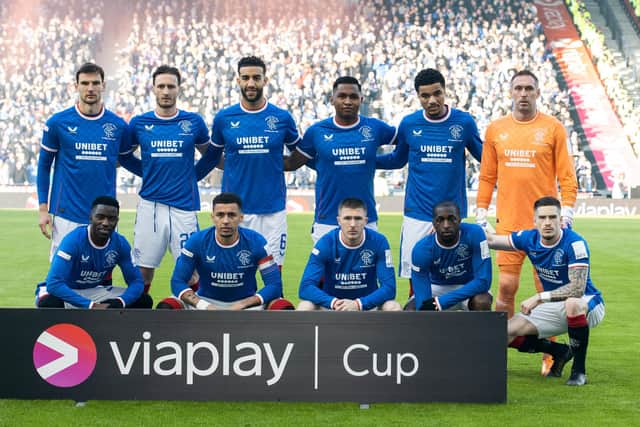 The Rangers starting XI poses for the cameras ahead of the Viaplay Cup final at Hampden.