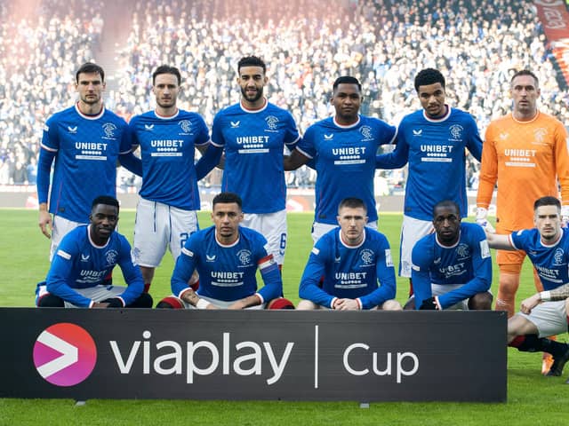 The Rangers starting XI poses for the cameras ahead of the Viaplay Cup final at Hampden.