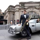 RSNO musicians Dávur Juul Magnussen and Emily Nenniger arrived in style at the Usher Hall to promote the event on Thursday, hitching a lift in 007’s iconic Aston Martin DB5. (Credit: Martin Shields)