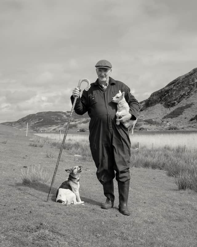 Archie McConnell, crofter and retired island policeman, with his beloved dog Bubbles on Colonsay, as photographed by Craig Easton, a photographer with Document Scotland.