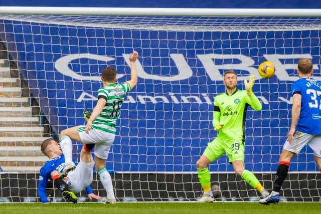 Steven Davis scores with an acrobatic overhead kick in Rangers' Scottish Cup victory over Celtic at Ibrox on April 18. (Photo by Craig Williamson / SNS Group)