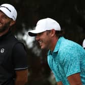 Dustin Johnson and Brooks Koepka wait on the 11th tee during a practice round for the 123rd US Open at The Los Angeles Country Club. Picture: Harry How/Getty Images.