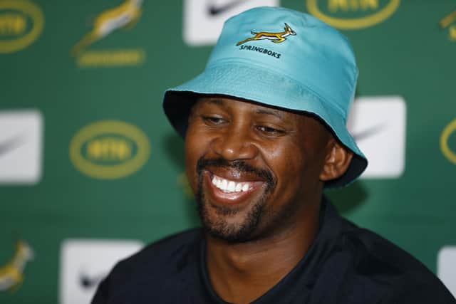 South Africa backs coach Mzwandile Stick addresses the media. (Photo by Steve Haag/Gallo Images)