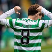Remember the name, remember the accomplishment...Celtic's Kyogo Furuhashi as he celebrates the first of his hat-tricks strikes that has allowed him to reset a more than century old piece of club history.  (Photo by Craig Williamson / SNS Group)