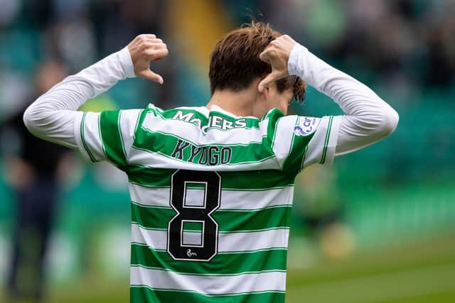 Remember the name, remember the accomplishment...Celtic's Kyogo Furuhashi as he celebrates the first of his hat-tricks strikes that has allowed him to reset a more than century old piece of club history. (Photo by Craig Williamson / SNS Group)