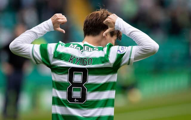 Remember the name, remember the accomplishment...Celtic's Kyogo Furuhashi as he celebrates the first of his hat-tricks strikes that has allowed him to reset a more than century old piece of club history.  (Photo by Craig Williamson / SNS Group)