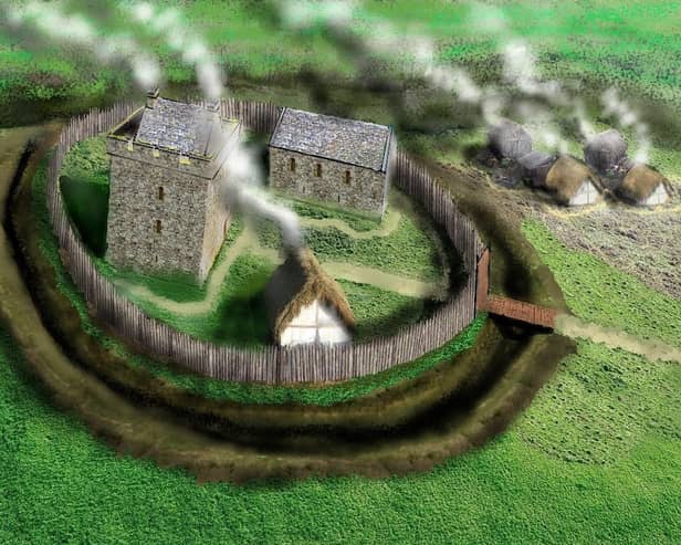 A reconstruction of Bedrule Castle in the Scottish Borders, one of 12 fortifications destroyed by Henry VIII's forces  in the Rule valley in just one afternoon of his two-week onslaught in the area. PIC: Andrew Spratt/ Society of Antiquaries of Scotland.