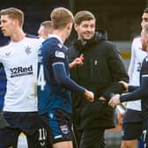 Rangers manager Steven Gerrard speaks with Michael Gardyne after the full-time whistle on Sunday. Picture: SNS