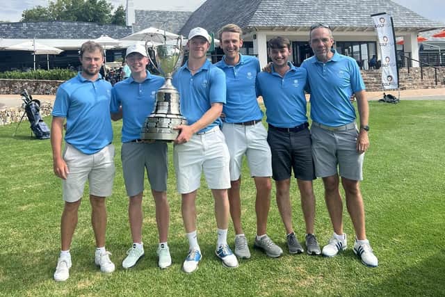 New South African Amateur champion Gregor Graham, third left, celebrates his win with Scottish Golf team-mates Matthew Wilson, Jack McDonald, Gregor Tait, James Morgan and Scottish Golf men's performance coach Spencer Henderson at Royal Johannesburg. Picture: Scottish Golf